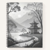 Monochrome Japanese Pavilion by Lakeside Path Notitieboek (Voorkant)
