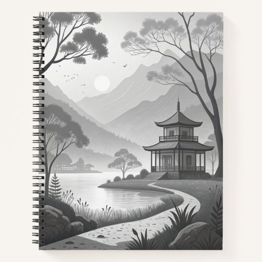 Monochrome Japanese Pavilion by Lakeside Path Notitieboek (Voorkant)