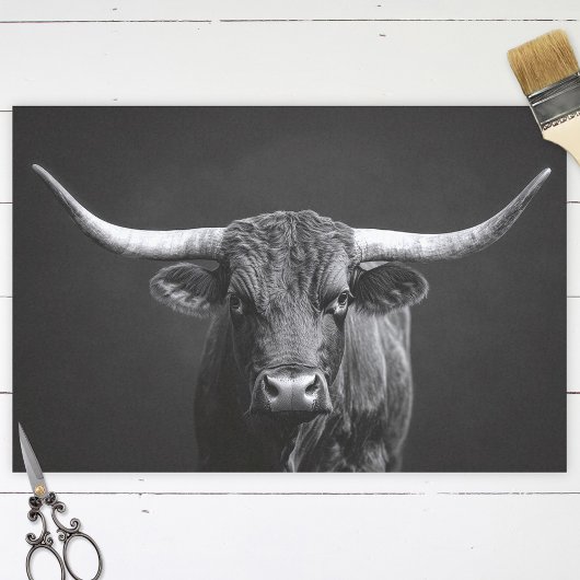 Monochrome Longhorn Steer Cattle Decoupage Tissuepapier