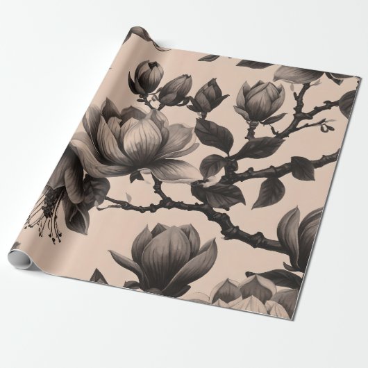 Monochrome Magnolia Gift Wrap Cadeaupapier (Uitgerold)