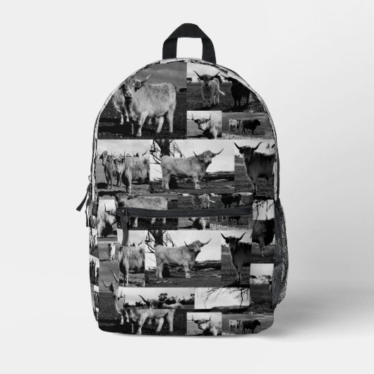 Monochrome majesteit: een Highland Koe fotocollage Bedrukte Rugzak (Voorkant)