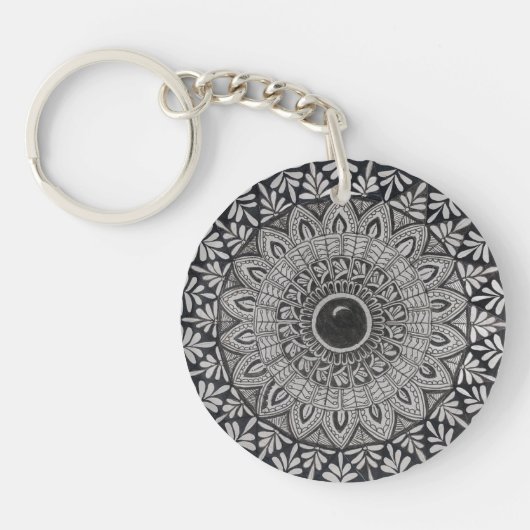 monochrome mandala-kunst op acrylen sleutelhanger (Voorkant)