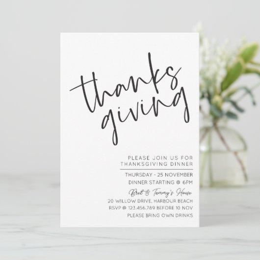 Monochrome minimalistische uitnodiging tot Thanksg (Staand voorkant)