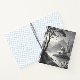 Monochrome moskeelandschap met bergmeer uitzicht notitieboek
