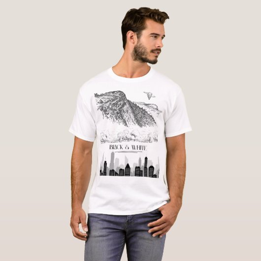 Monochrome Mountain City Skyline Art Black White T-shirt (Voorkant volledig)