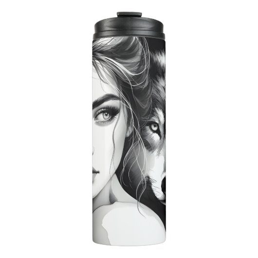 Monochrome mysterie: vrouw en wolf. thermosbeker (Voorkant)