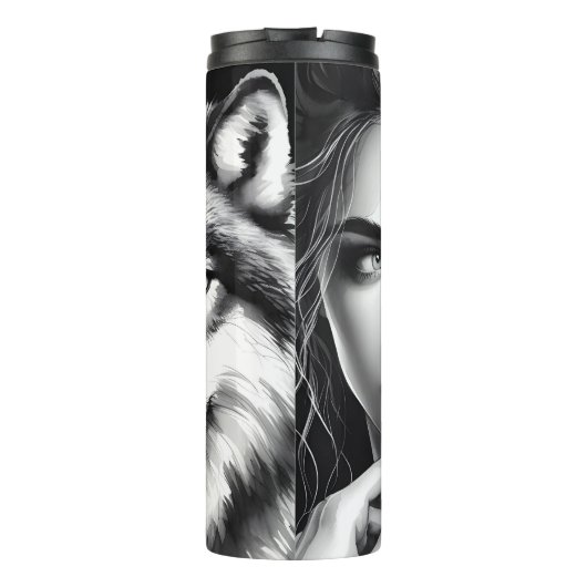 Monochrome mysterie: vrouw en wolf. thermosbeker (Achterkant)