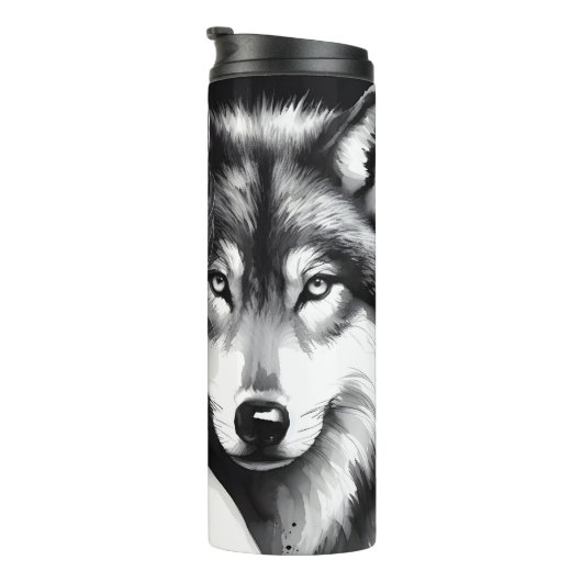 Monochrome mysterie: vrouw en wolf. thermosbeker (Geroteerd rechts)