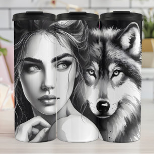 Monochrome mysterie: vrouw en wolf. thermosbeker