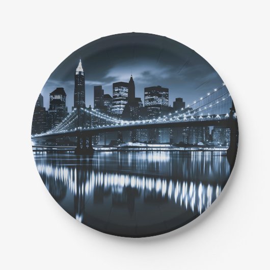 Monochrome New York Skyline Nightscape Papieren Bordje (Voorkant)