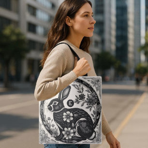 Monochrome Paashaas Bloemmotief Vintage Victoriaan Tote Bag