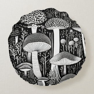 Monochrome paddestoel bos illustratie rond kussen
