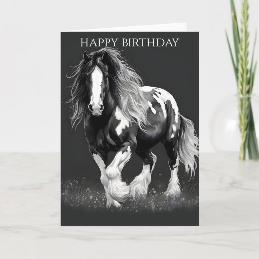 Monochrome Piebald Gypsy Cob Paard Verjaardag Kaart (Voorkant)