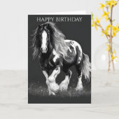 Monochrome Piebald Gypsy Cob Paard Verjaardag Kaart (Gele Bloem)