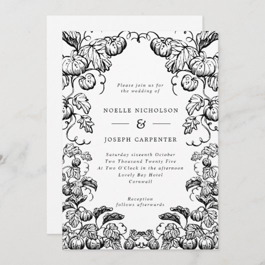 Monochrome pompoen en Lijst met bladeren Kaart (Voorkant / Achterkant)