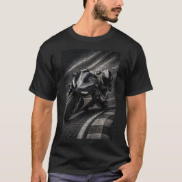 Monochrome Racende Motorfiets – 3D Micro Mozaïek T-shirt