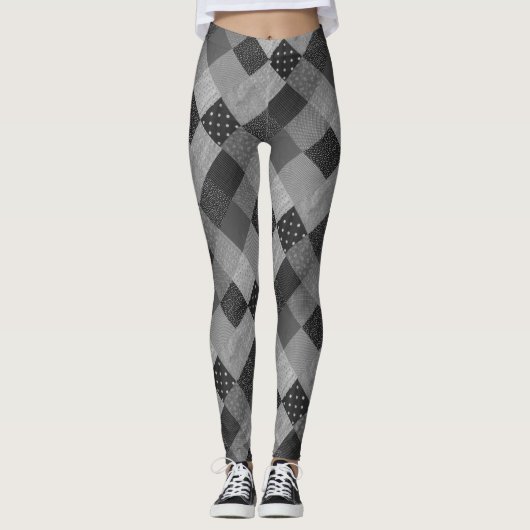 monochrome  retro patchwork fabric vierkanten leggings (Voorkant)