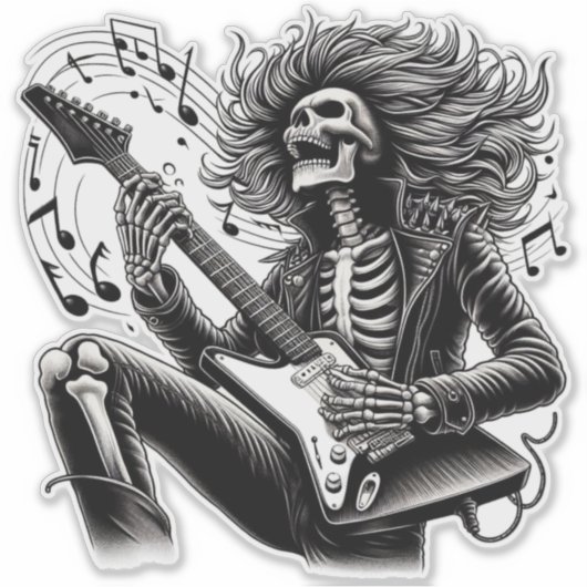Monochrome Skeleton gitarist met gedetailleerd lee Sticker (Voorkant)