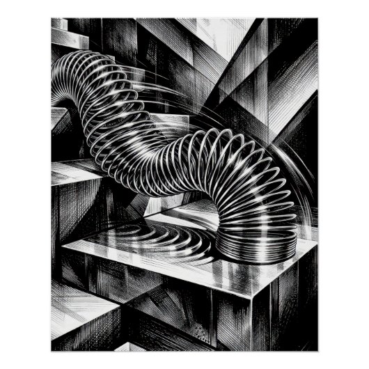 Monochrome Slinky Tumbling Down Chrome Steps Perfect Poster (Voorkant)