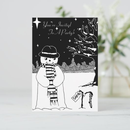 Monochrome sneeuwman met sjaal Kerstuitnodiging Kaart (Staand voorkant)