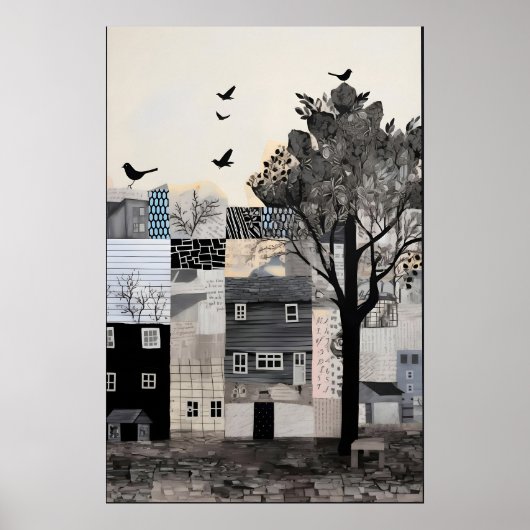 Monochrome Stadslandschap Kunstprint Surreal Vinta Poster (Voorkant)