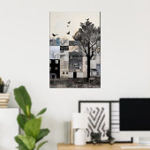 Monochrome Stadslandschap Kunstprint Surreal Vinta Poster (Thuiskantoor)