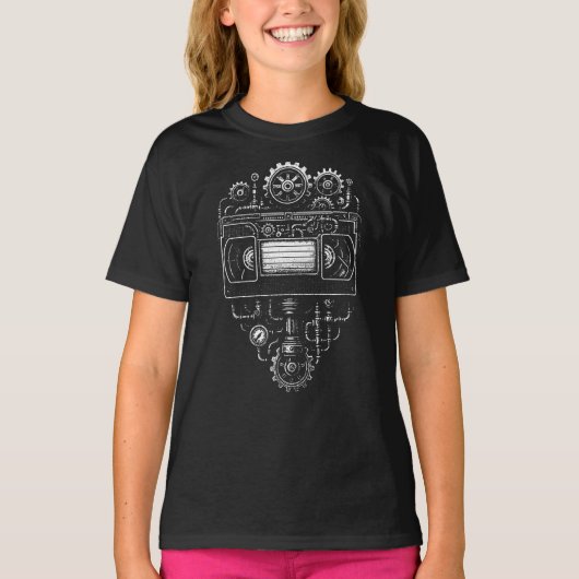 Monochrome steampunk VHS-videoband T-shirt (Voorkant)