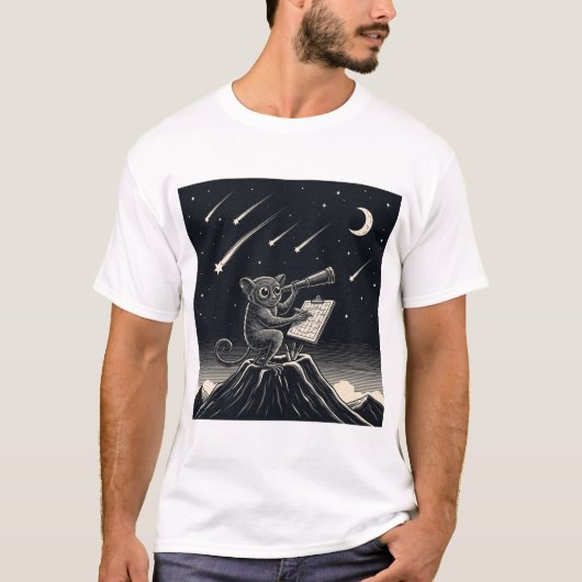 Monochrome Tarsier Astronoom - Night Sky AI-Art T-shirt (Voorkant)