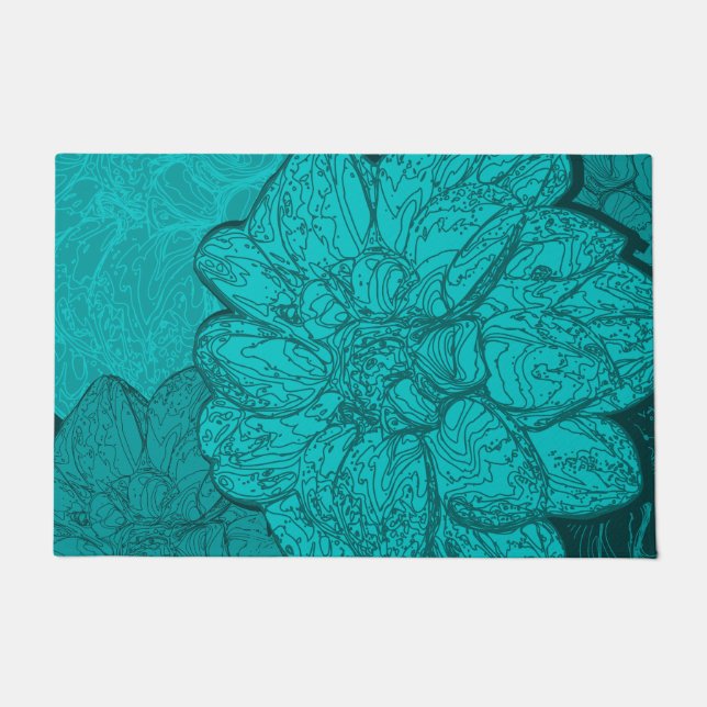 Monochrome Turquoise Dahlia Floral Pattern Deurmat (Voorkant)
