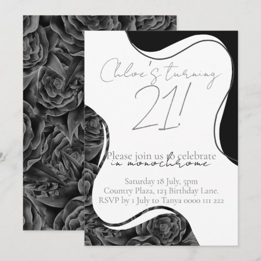 Monochrome Verjaardag Uitnodigen - Zwart-wit Kaart (Voorkant / Achterkant)