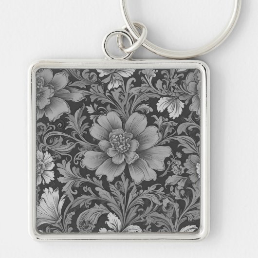 Monochrome vintage bloempatroon sleutelhanger (Voorkant)