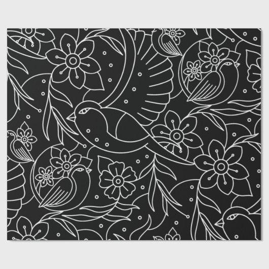 Monochrome Vogels & Bloemen Inpakpapier (Vlak)