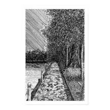 Monochrome wandelpromenade langs het meer lijnkuns