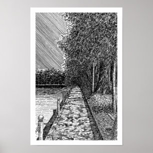Monochrome wandelpromenade langs het meer lijnkuns poster