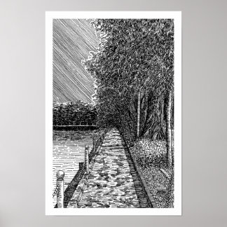 Monochrome wandelpromenade langs het meer lijnkuns poster