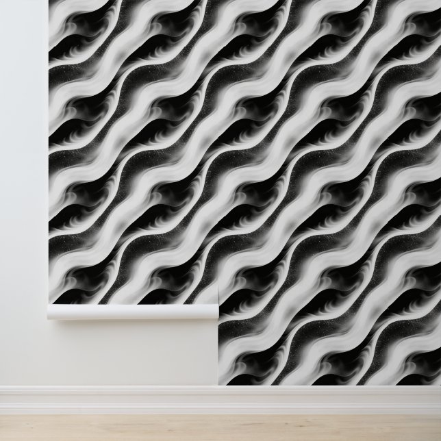 Monochrome Wavy Abstract Pattern – Minimalist Blac Behang (Applicatie)