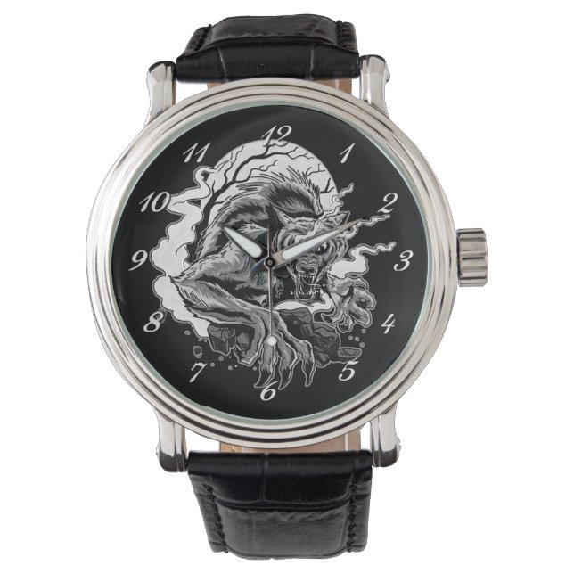 Monochrome Werewolf Moon Horloge (Voorkant)