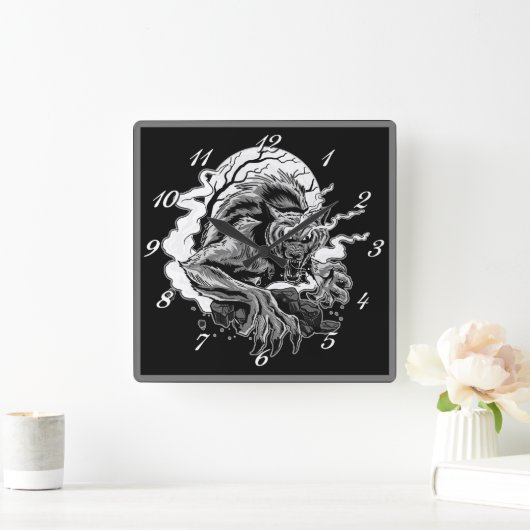 Monochrome Werewolf Moon Vierkante Klok (Huis)