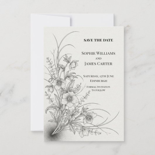 Monochrome wilde bloem huwelijksaankondiging save the date (Voorkant)