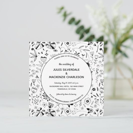 Monochrome wilde bloem Moderne bruiloft Kaart (Staand voorkant)