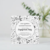 Monochrome Wilde Flower Moderne Engagement Party Kaart (Staand voorkant)