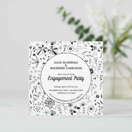 Monochrome Wilde Flower Moderne Engagement Party Kaart (Staand voorkant)