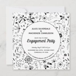 Monochrome Wilde Flower Moderne Engagement Party Kaart