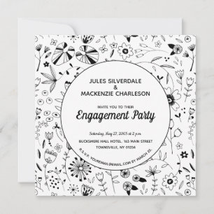 Monochrome Wilde Flower Moderne Engagement Party Kaart