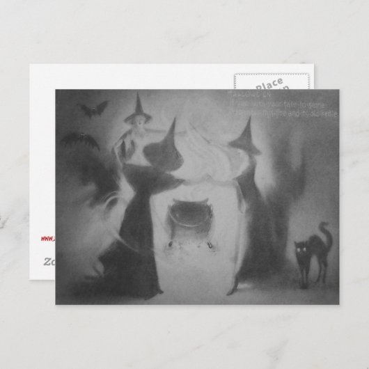Monochrome witch Bat Night Cauldron Black Cat Briefkaart (Voorkant / Achterkant)