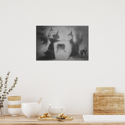 Monochrome witch Bat Night Cauldron Black Cat Poster (Keuken)