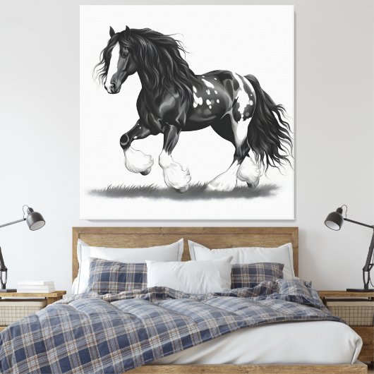 Monochrome zigeuner Vanner Paard Canvas Afdruk (Insitu (Slaapkamer))