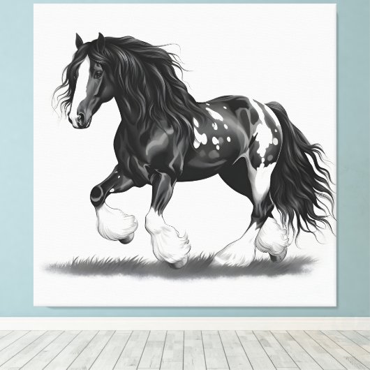 Monochrome zigeuner Vanner Paard Canvas Afdruk (Insitu (Houten vloer))