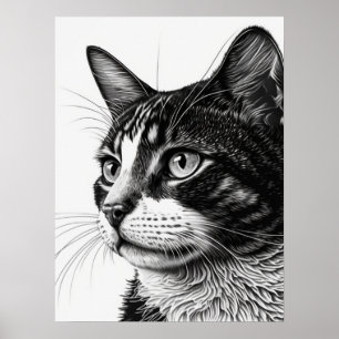 Monochrome zwarte en witte foto van het Pet Cat Poster