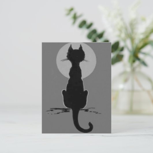 Monochrome zwarte en witte zwarte kat, volle maan briefkaart (Staand voorkant)